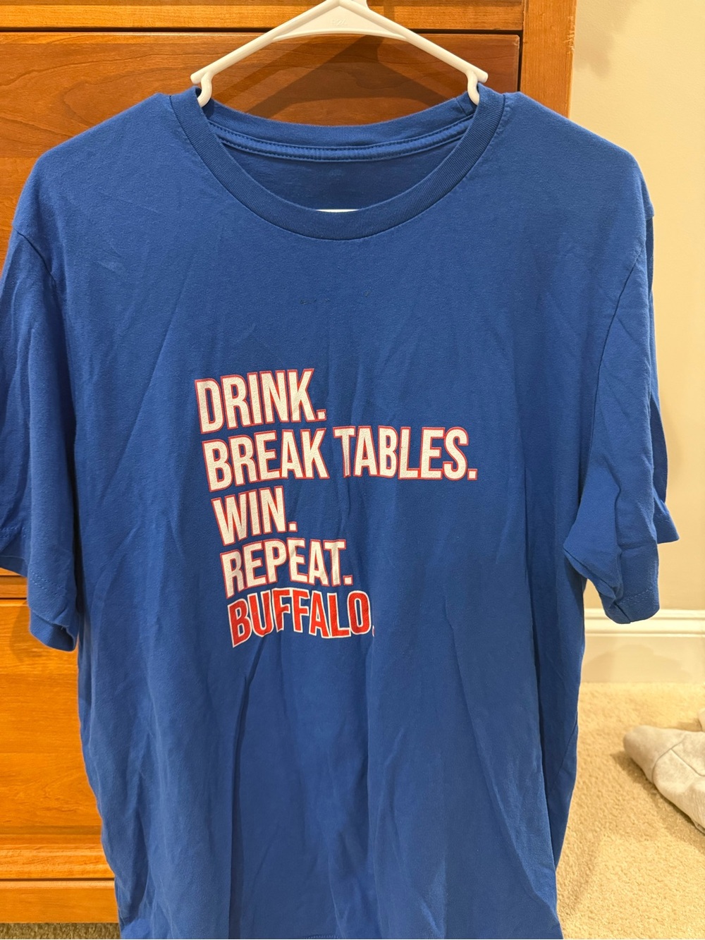 Men's Blue 'Drink. Break Tables. Win. Repeat.' Buffalo Graphic Tee
